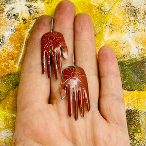 Rust Sunburst Hands Talisman Tin Earrings