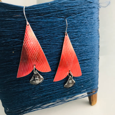 Shimmery Etched Red Arrowheads Vintage Tin Arrowhead Earrings