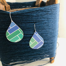 Load image into Gallery viewer, Blue &amp; Green Subway Tile Pattern Upcycled Teardrop Tin Earrings by adaptive reuse jewelry