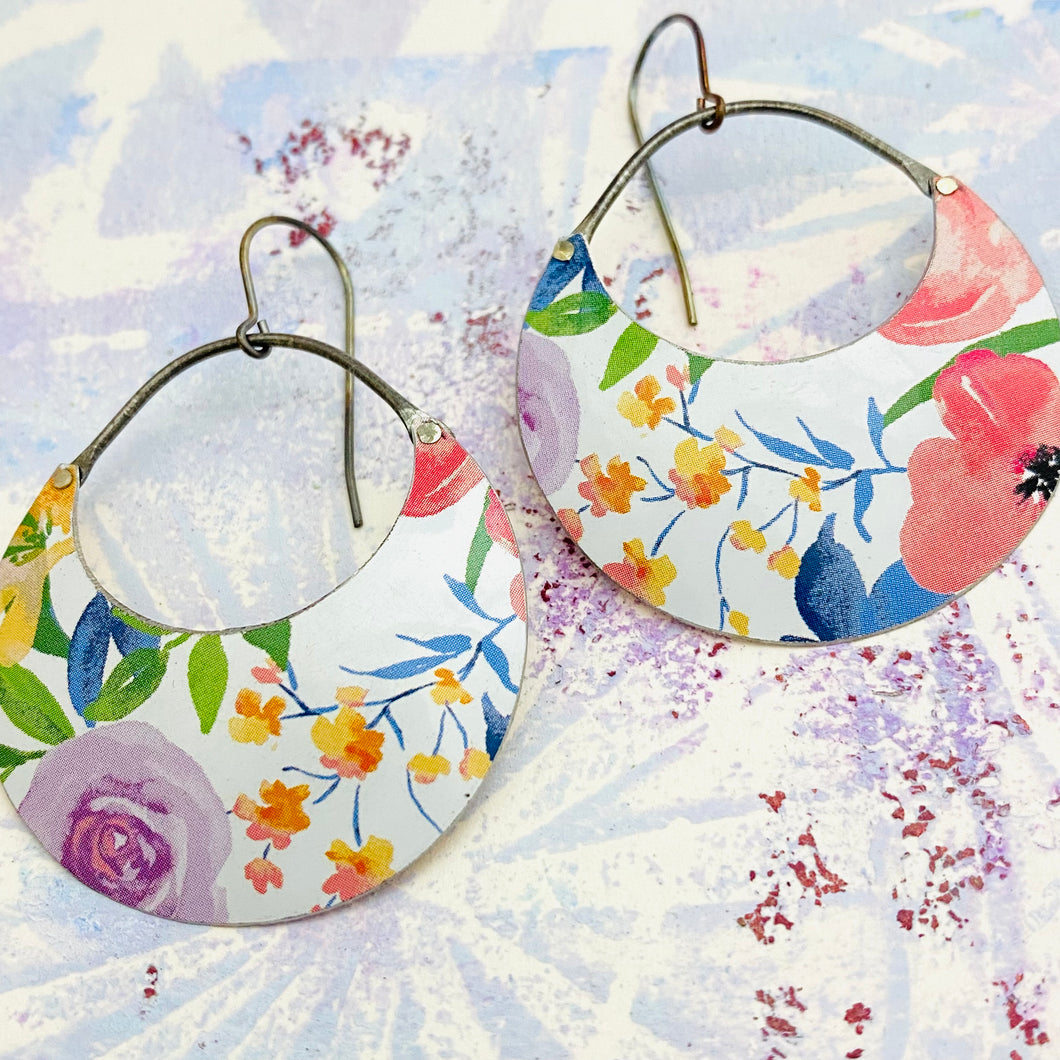 Little Watercolor Flowers Crescent Circles Tin Earrings