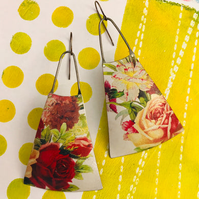 Vintage Flowers on White Zero Waste Tin Long Fans Earrings