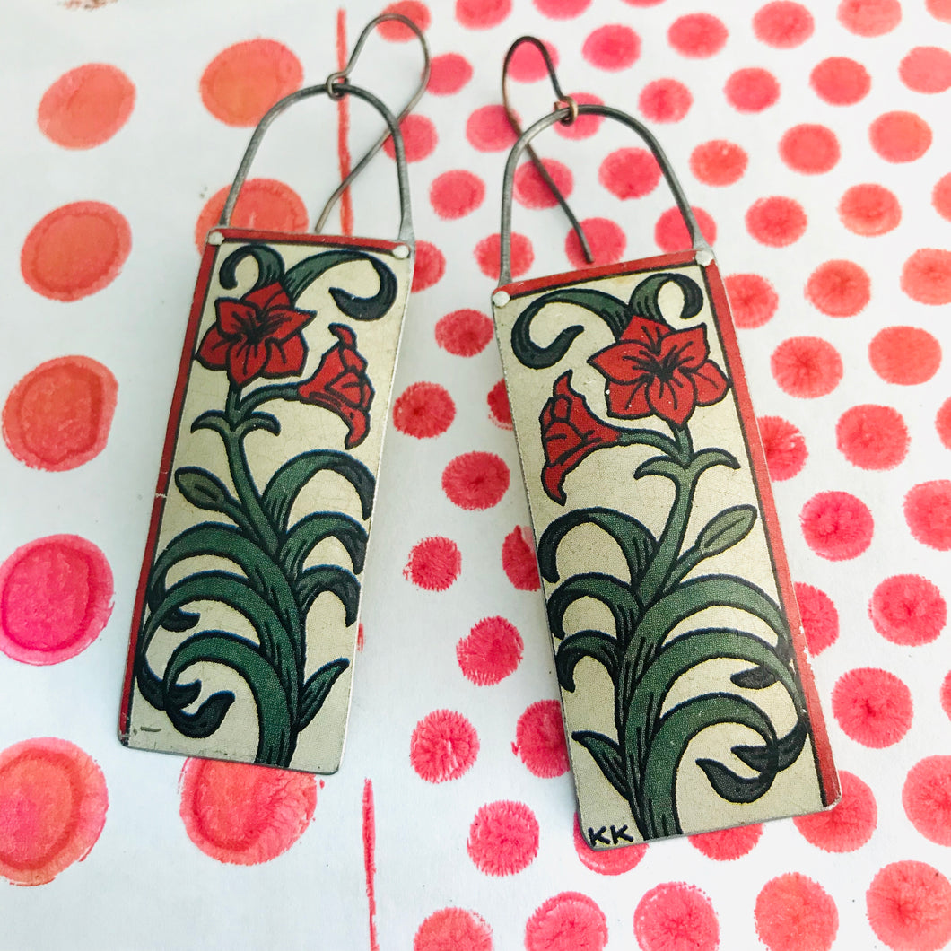 Red Lillies Rectangles Recycled Tin Earrings