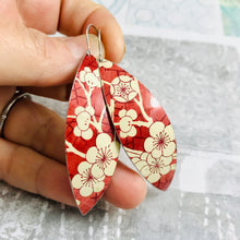 Load image into Gallery viewer, Cherry Blossoms on Deep Crimson Leaf Shape Tin Earrings
