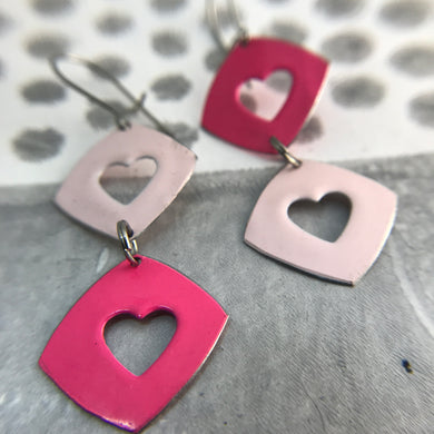 Duo Pinks Cutout Hearts Tiny Tin Earrings