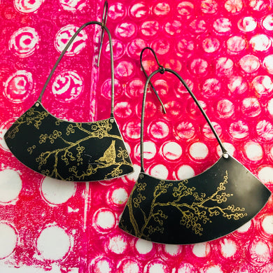 Golden Bird on Black Wide Arc Zero Waste Earrings