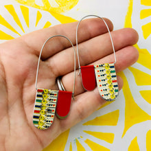 Load image into Gallery viewer, Mosaic Dots &amp; Red Arch Dangle Tin Earrings