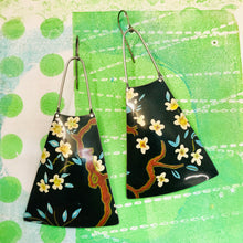 Load image into Gallery viewer, Cherry Blossom on Midnight Upcycled Tin Long Fans Earrings