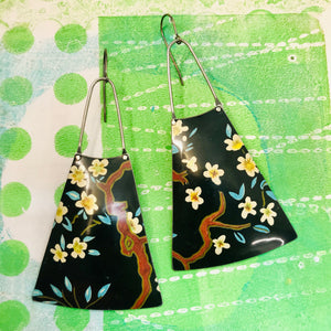Cherry Blossom on Midnight Upcycled Tin Long Fans Earrings