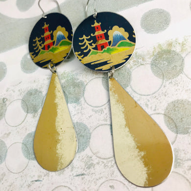 Japanese Pagoda on Midnight Blue Long Teardrops Tin Earrings