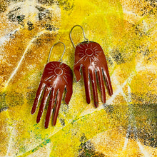 Load image into Gallery viewer, Rust Sunburst Hands Talisman Tin Earrings