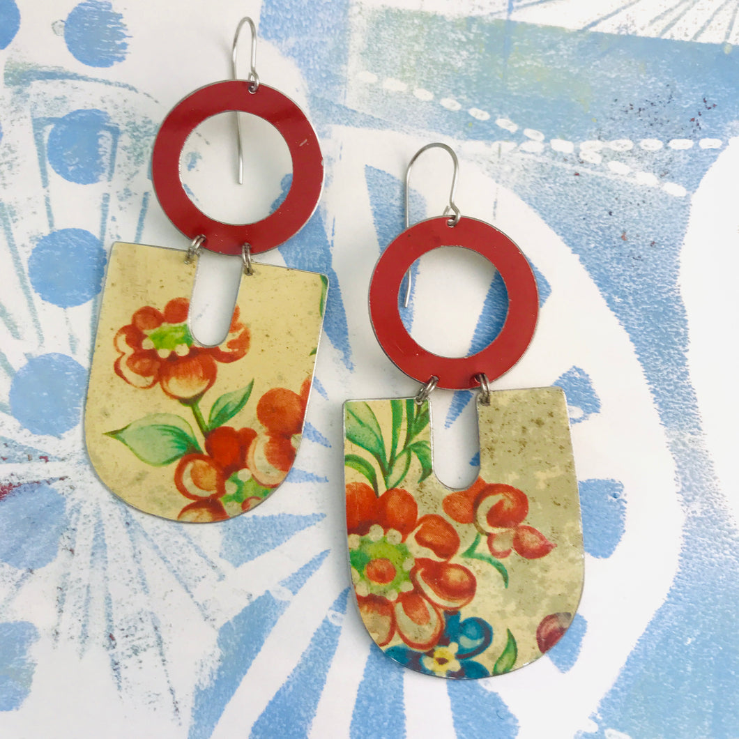 Big Red Blossoms Chunky Horseshoes Zero Waste Tin Earrings