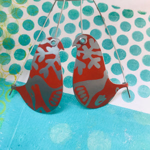 Orange & Silver Birds on a Wire Upcycled Tin Earrings