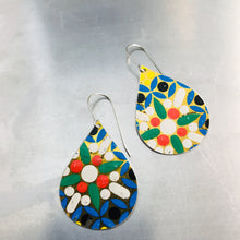 Load image into Gallery viewer, Mosaic White Flower Upcycled Teardrop Tin Earrings