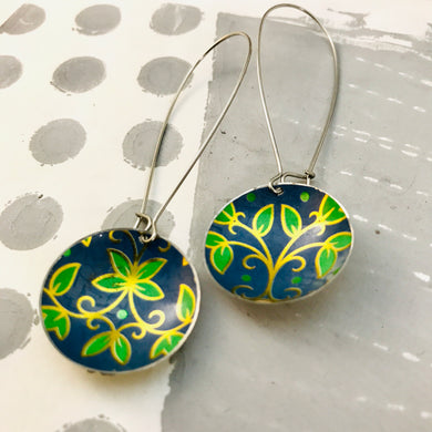 Vintage Blue & Green Leaves Large Basin Tin Earrings