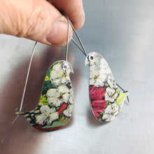 Load image into Gallery viewer, White Flowers Birds on a Wire Upcycled Tin Earrings