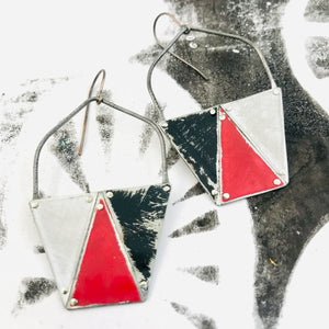 Red, Black & White Triangles Tesserae Arched Wire Tin Earrings