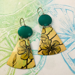 Golden Blossoms and Emerald Ovals Small Fans Zero Waste Tin Earrings