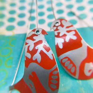 Orange & Silver Birds on a Wire Upcycled Tin Earrings