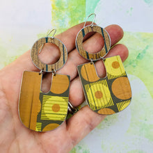 Load image into Gallery viewer, Woodgrain and Circles Chunky Horseshoes Zero Waste Tin Earrings