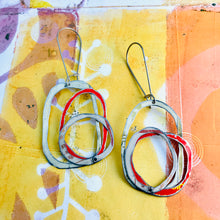 Load image into Gallery viewer, Whites &amp; Pop of Red Smaller Scribbles Upcycled Tin Earrings