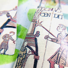 Load image into Gallery viewer, Bayeux Tapestry Soldiers Upcycled Tin Long Fans Earrings