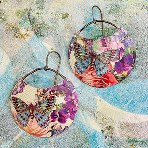 Butterflies & Violets Circles Upcycled Tin Earrings