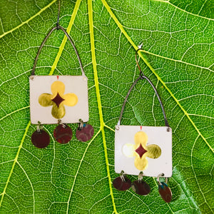 Golden Blossoms on White Rectdangles Upcycled Tin Earrings