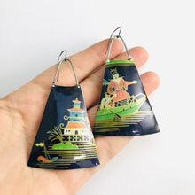 Load image into Gallery viewer, Pagoda Scene on Midnight Blue Upcycled Vintage Tin Long Fans Earrings