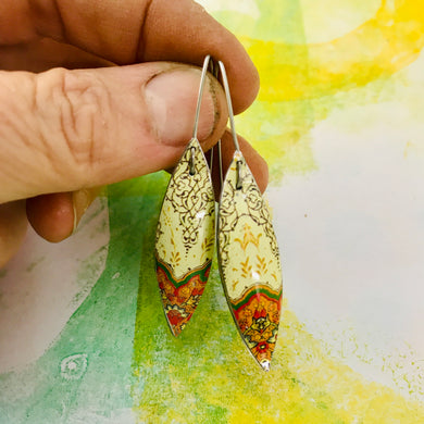 Pale Yellow Kilim Small Long Pods Upcycled Tin Leaf Earrings