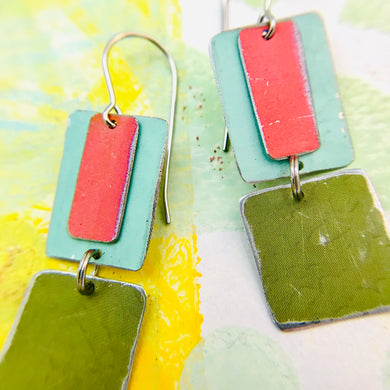 Cerise, Aqua & Green Olive Recycled Tin Earrings