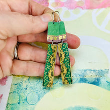 Load image into Gallery viewer, Vintage Greens &amp; Gold Recycled Tin Earrings