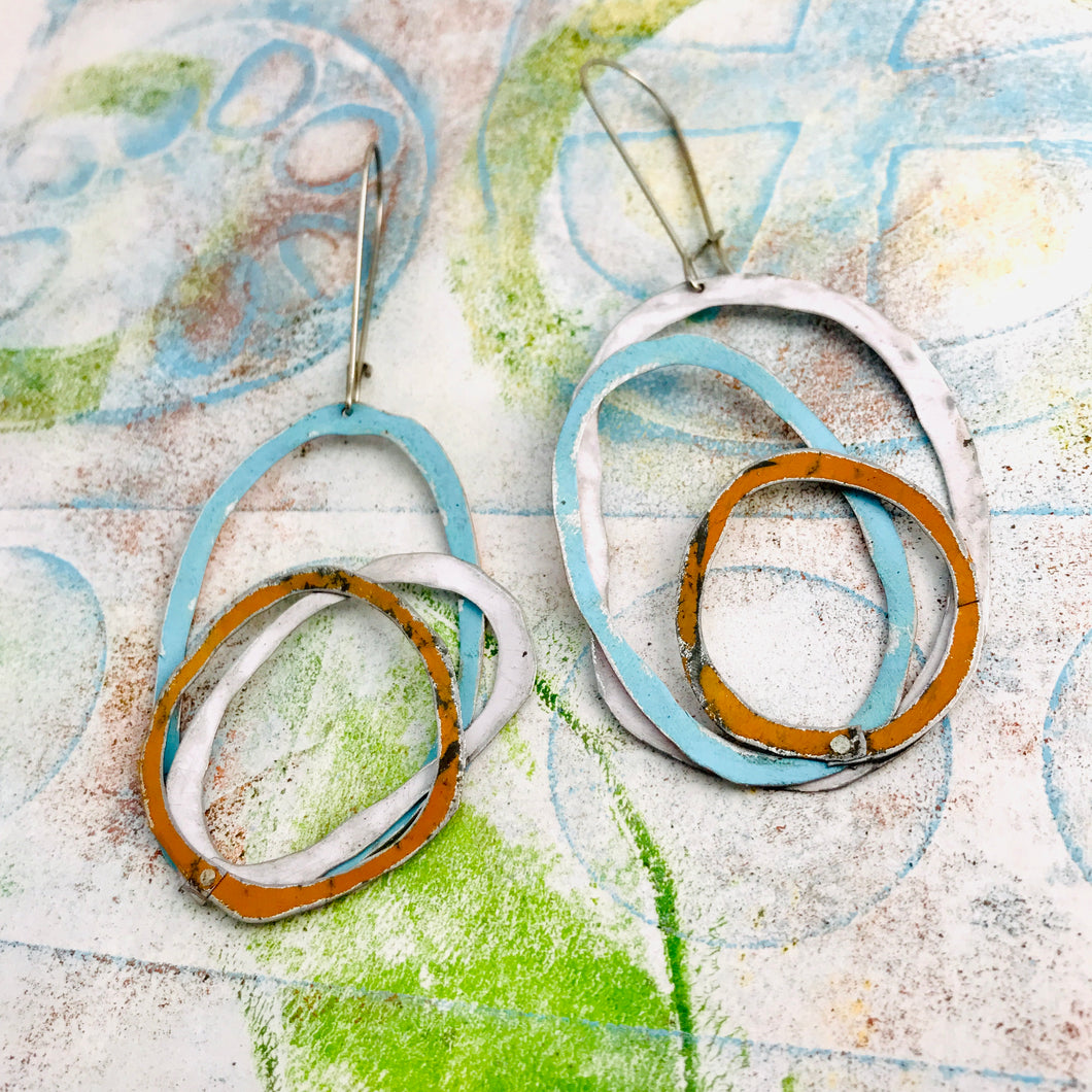 White, Soft Blue, Aged Persimmon Scribbles Upcycled Tin Earrings