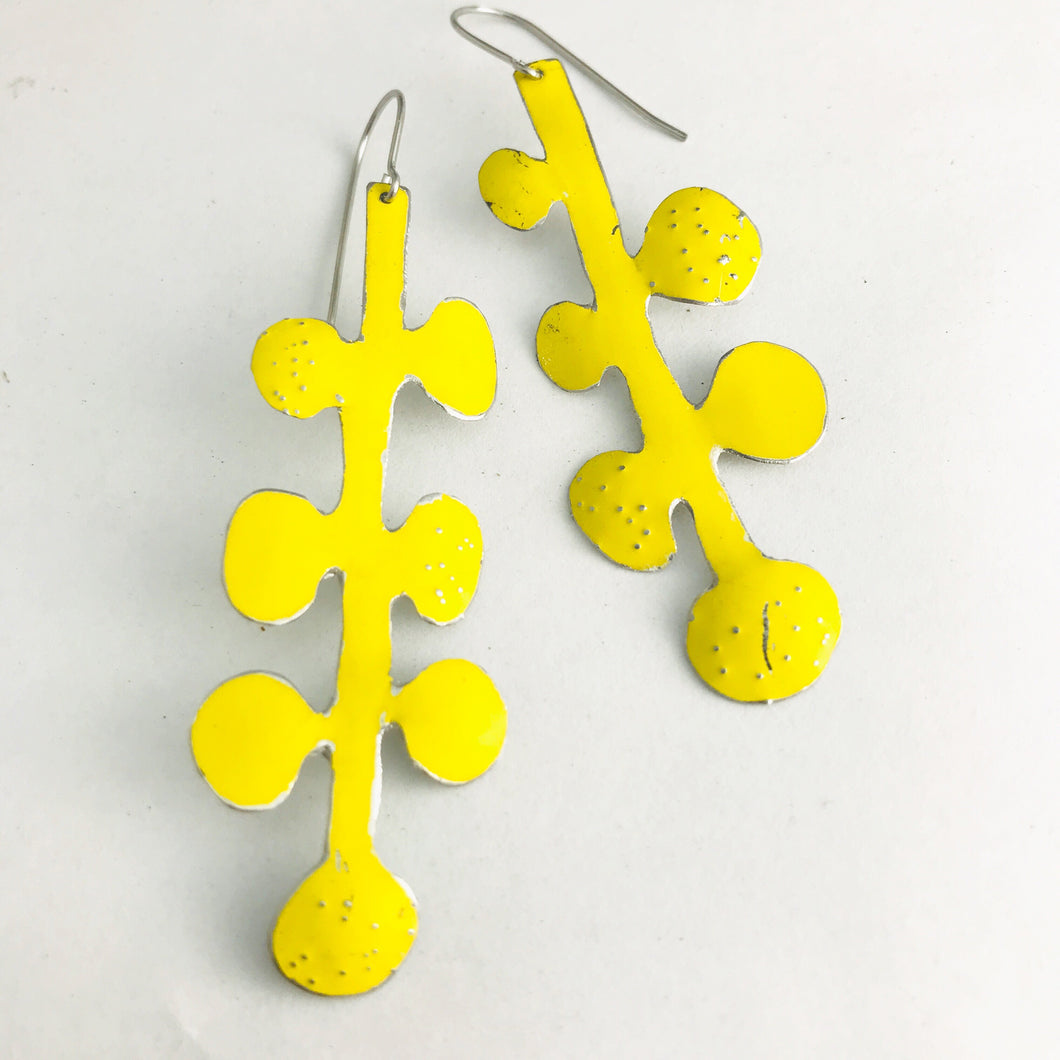 Bright Yellow Matisse Leaves Upcyled Tin Earrings by Christine Terrell for adaptive reuse jewelry