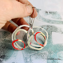 Load image into Gallery viewer, Creamy Whites &amp; Pop of Red Smaller Scribbles Upcycled Tin Earrings