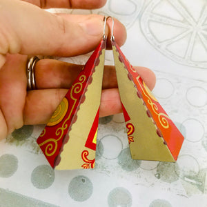 Red & Camel Long Pyramids Recycled Tin Earrings