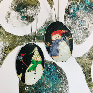 Rustic Snowmen Large Ovals Tin Earrings