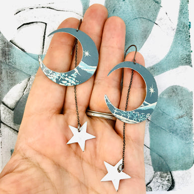 Evening Sky Crescent Moons & Stars Upcycled Tin Earrings