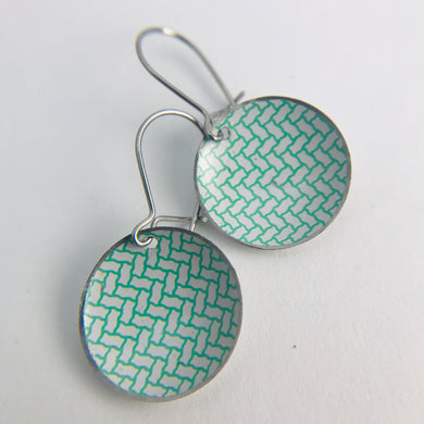 Green Herringbone on White Upcycled Tiny Dot Earrings 20th Birthday Gift