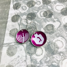 Load image into Gallery viewer, Dreidel &amp; Menorah Tiny Dot Upcycled Tin Earrings