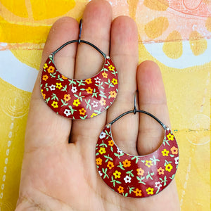 Tiny Flowers on Deep Red Crescent Circles Upcycled Tin Earrings