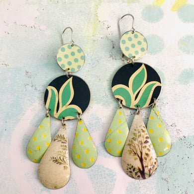 Mixed Green Leaves & Dots Zero Waste Tin Chandelier Earrings