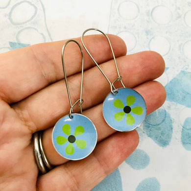 Green Mod Flowers on Blue Medium Basin Earrings
