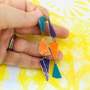 Turquoise, Orange & Purple Small Narrow Kites Recycled Tin Earrings