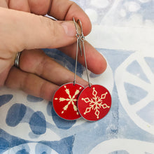 Load image into Gallery viewer, Snowflakes on Red Large Circles Tin Earrings