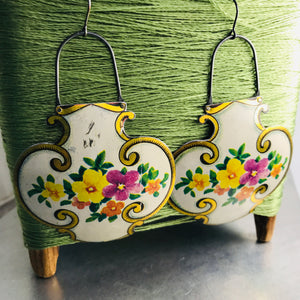 Vintage Flowers on White Lantern Shape Recycled Tin Earrings