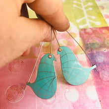 Load image into Gallery viewer, Aqua Spirograph Birds on a Wire Upcycled Tin Earrings