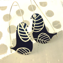 Load image into Gallery viewer, White Leaves on Deep Navy on a Wire Upcycled Tin Earrings