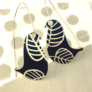 White Leaves on Deep Navy on a Wire Upcycled Tin Earrings