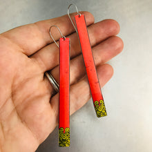 Load image into Gallery viewer, Coral with Golden Geometric Detail Long Narrow Tin Earrings