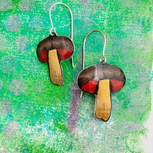 Load image into Gallery viewer, Tiny Red Gilled Mushrooms Upcycled Tin Earrings